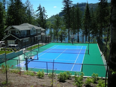 Outdoor residential sports court with a green and blue surface, featuring basketball hoops and a tennis net in Oconomowoc.