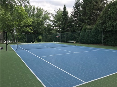 Outdoor residential sports court with a blue and green surface, featuring a tennis net and surrounded by trees and greenery.