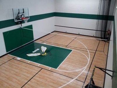  Indoor sports court with a wooden surface and green painted areas, featuring a basketball hoop and a volleyball net in Edina.