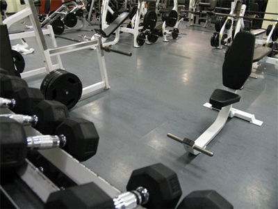 Indoor workout room with grey flooring and multiple workout equipment in Fox Point.