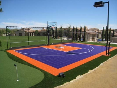 Outdoor residential basketball court with a purple and orange surface, featuring a basketball hoop and central logo, surrounded by a manicured lawn and a putting green in Milwaukee.