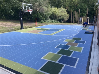 Outdoor residential sports court with a blue, green, and yellow surface, featuring a basketball hoop and hopscotch, surrounded by trees and greenery in Madison.