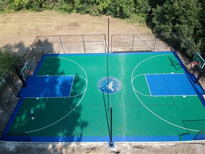 Outdoor residential sports court with a green and blue surface, featuring a central logo of the Minnesota Timberwolves, two basketball hoops, and a tennis net.