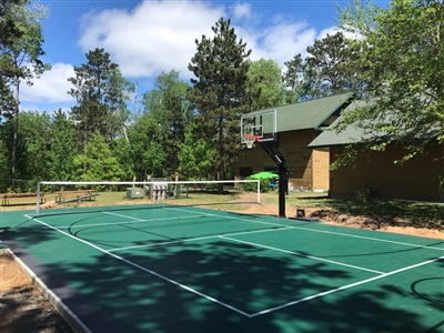 Outdoor residential sports court with a green surface, a basketball hoop, and a tennis net, surrounded by trees.